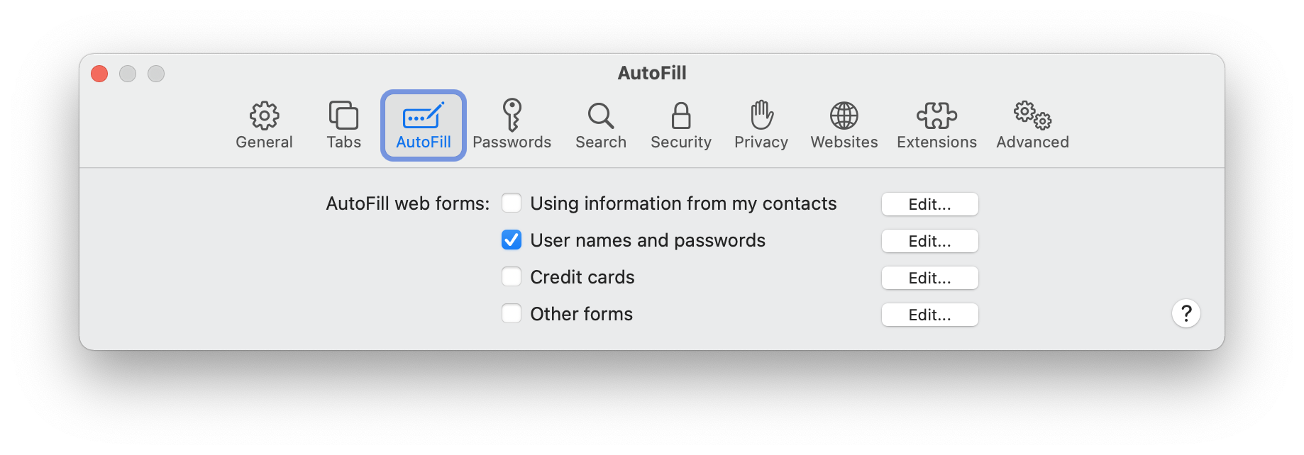 Password AutoFill settings in Safari