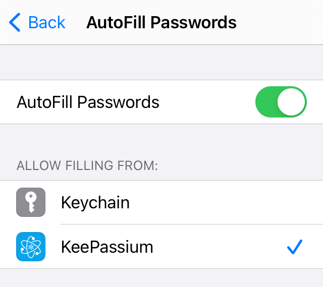 AutoFill Passwords settings screen
