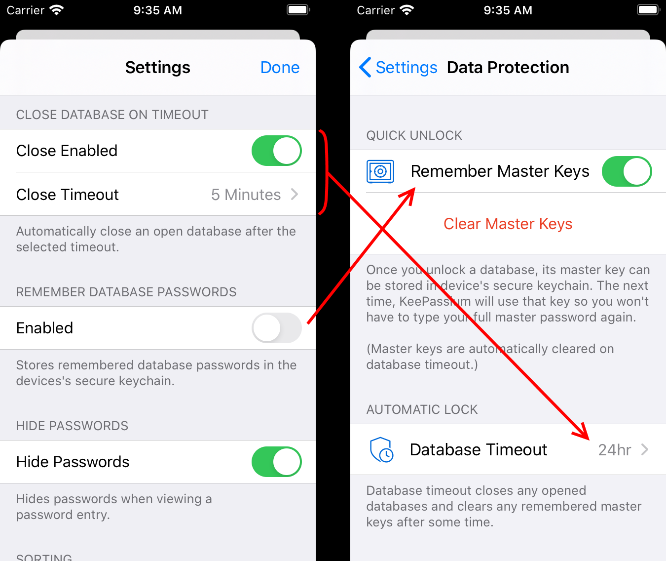 Screenshot: data protection settings in KeePassium and MiniKeePass