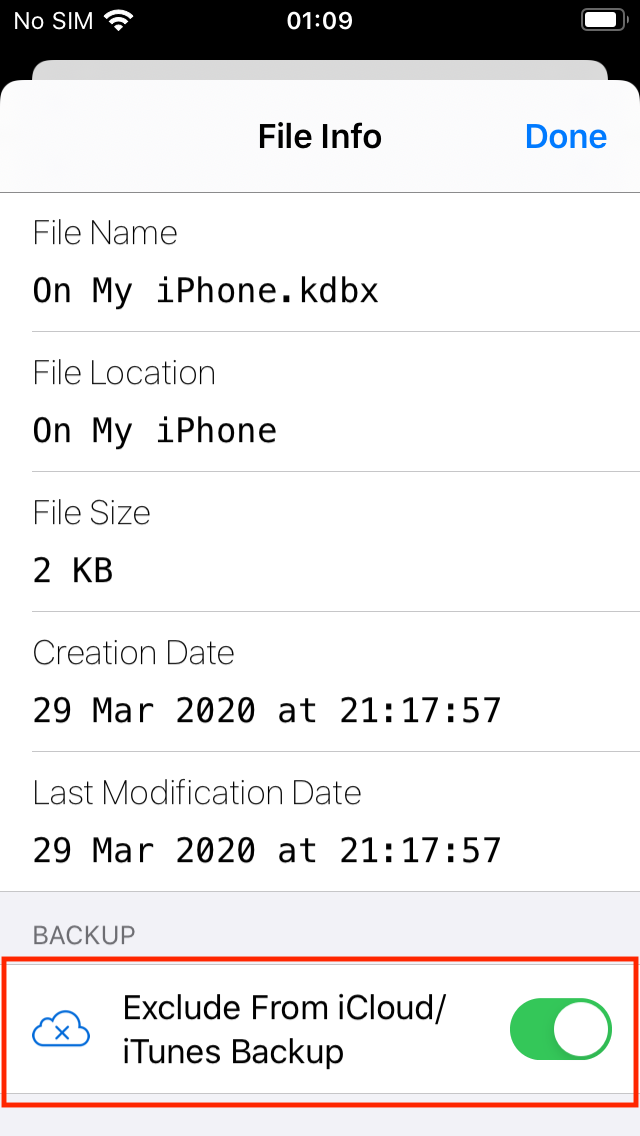 Screenshot: Exclude from iCloud/iTunes backup option