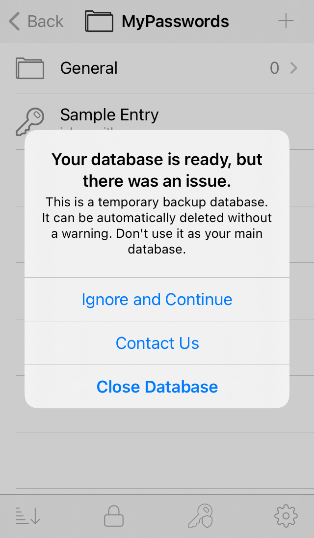 Warning when opening a temporary backup database