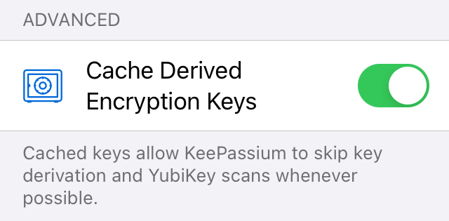 KeePassium settings screenshot: Cache derived master keys