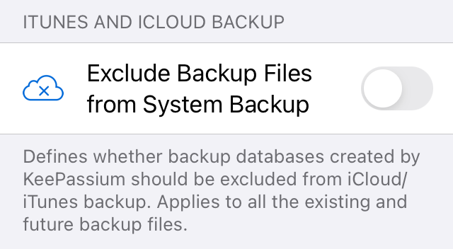 KeePassium settings screenshot: Exclude backup files from system backup