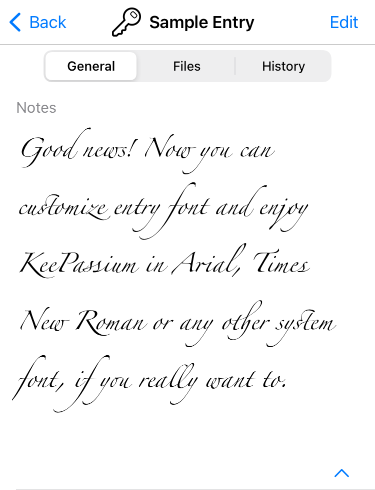 An entry shown in Zapfino font