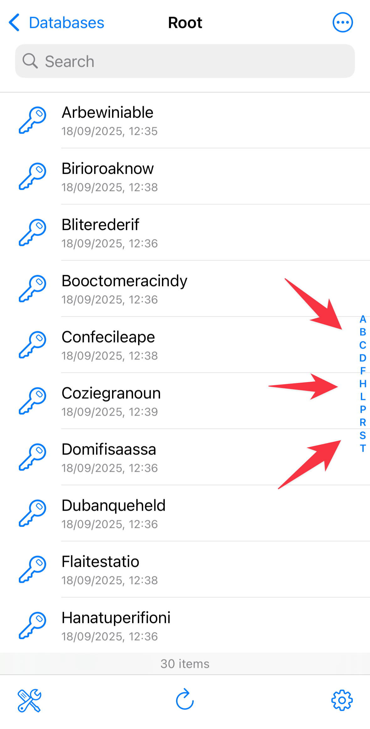Screenshot of a database with the alphabetic, phonebook-like navigation control.