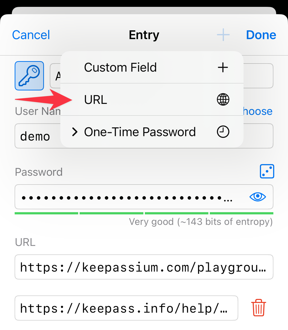 Screenshot of the entry editor with two filled URL fields and a menu to create new URL field.
